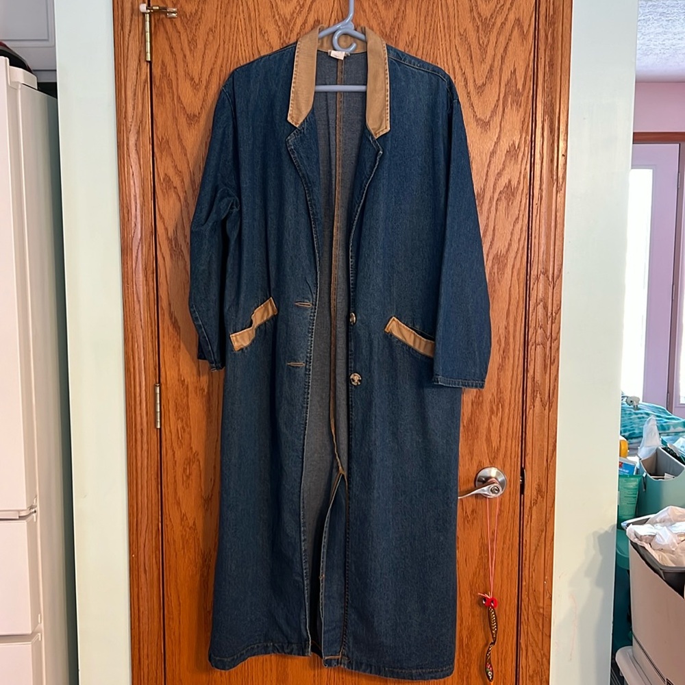 Vivaldi Jeanswear Long Denim Coat Tan Accents Vintage 80’s